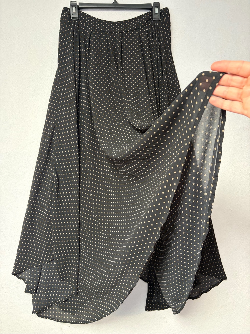 Free People Black Tan Polka Dot Asymmetrical Handkerchief Maxi Skirt Boho Size L - Picture 2 of 9